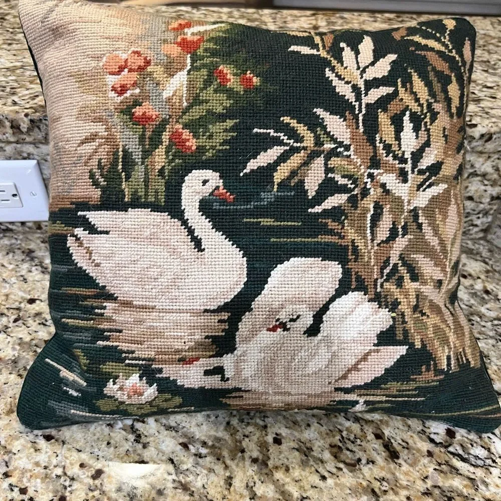 Swan needle point throw pillow
